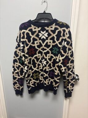 Dad sweater Navy Patterned Crewneck Sweater with Multicolor Accents
